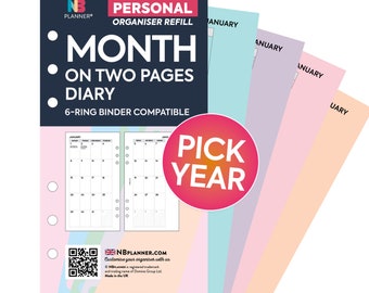 PRINTED Personal size Month on two pages diary organiser Insert refill Filofax Compatible Refill Coloured MO2P