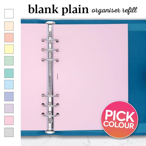 PRINTED A5 size Blank Notepaper Insert Filofax A5 Kikki.K Large Compatible Refill insert coloured pastel and bright