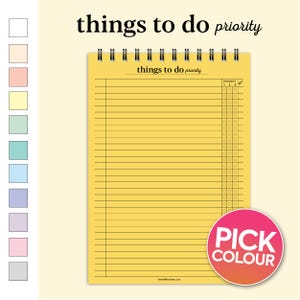 Bloc de notas con prioridades de actividades en formato A5 IMPRESO / Bloc de espiral para escritorio / Papel de color y blanco