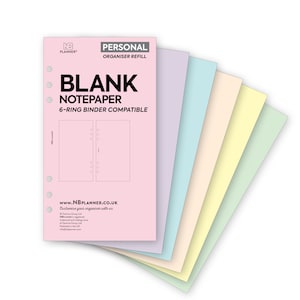 IMPRESO Tamaño personal Organizador de papel de carta liso en blanco Insertar recambio Filofax Recambio compatible de colores