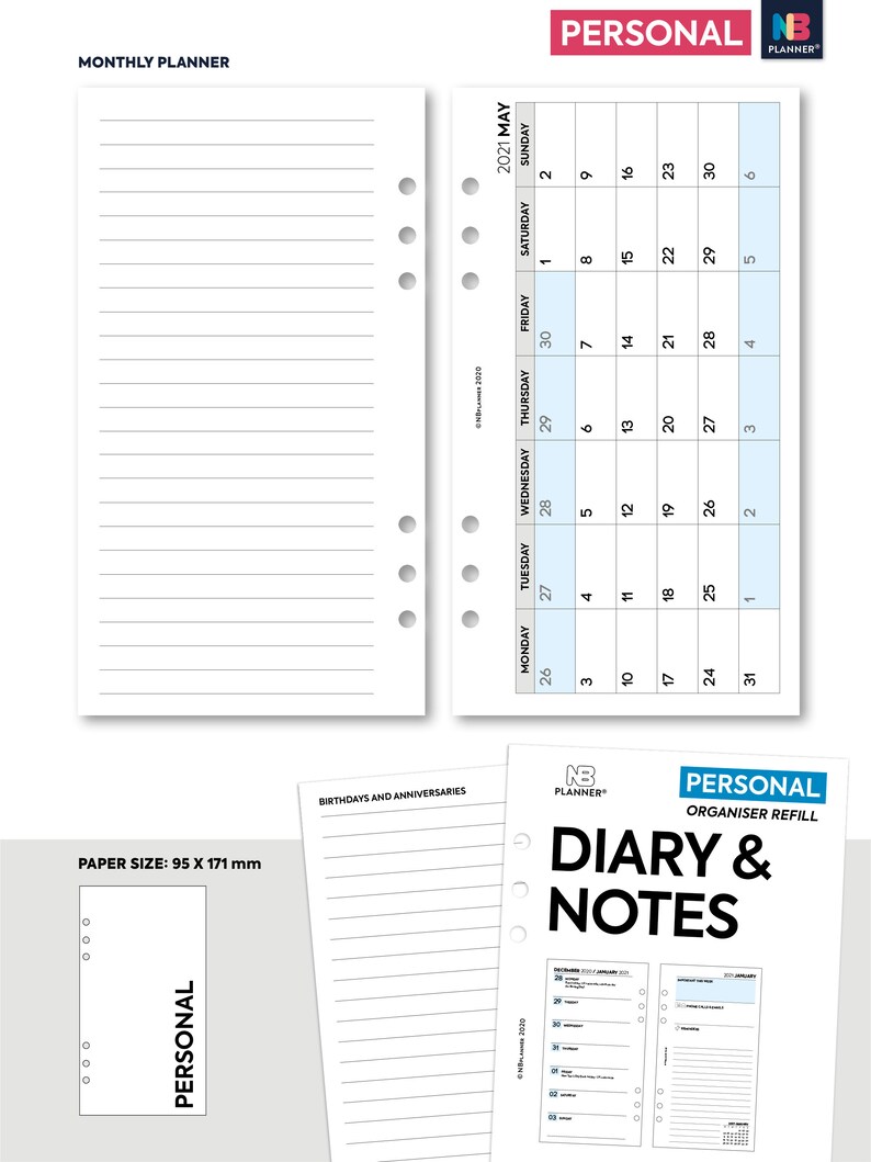 PRINTED 2021 Personal Diary & notes organiser Insert refill | Etsy