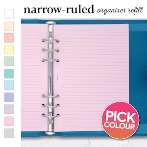 May include: A pink narrow-ruled organiser refill for a binder. The refill has a silver binding mechanism and is shown open to reveal the ruled pages. The text "PICK COLOUR" is visible in a circle on the bottom right corner of the image.