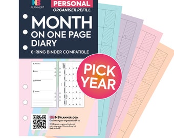 PRINTED Personal size 2024 2025 2026 Month on one page diary organiser Insert refill Filofax Kikki.K Compatible Refill Coloured MO1P