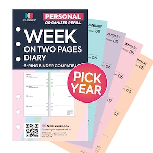 PRINTED Personal 2026 2027 Week on two pages diary organiser Insert refill Filofax Compatible Refill Coloured WO2P