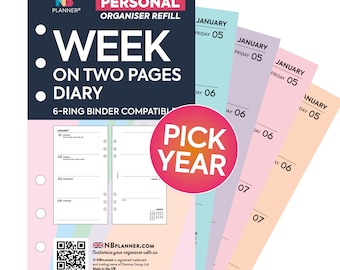 PRINTED Personal 2024 2025 2026 Week on two pages diary organiser Insert refill Filofax Compatible Refill Coloured WO2P