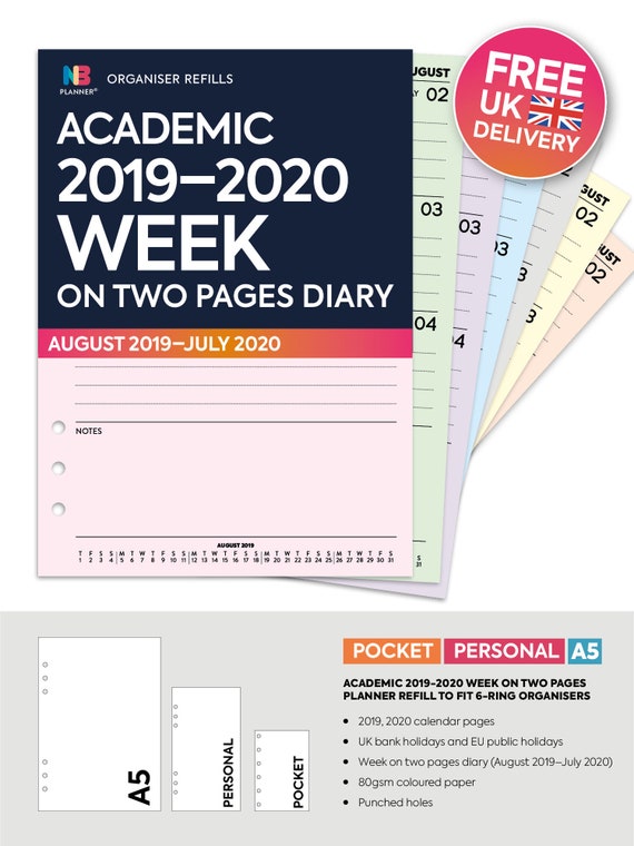 Printed Academic 2019 2020 Week On Two Pages Organiser Insert A5 Personal Filofax A5 Kikki K Large Compatible Refill Coloured Mo1p - 