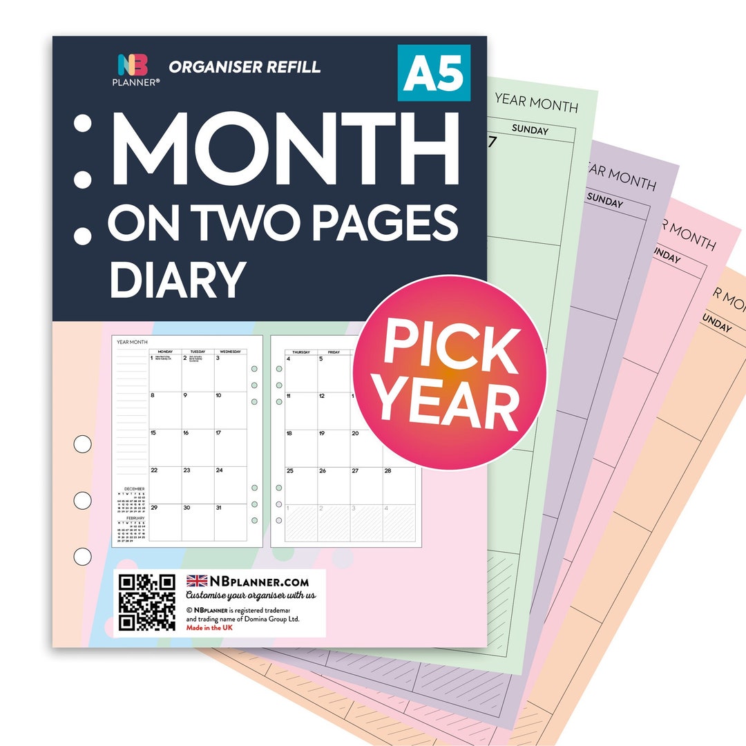PRINTED A5 2024 2025 2026 Month on Two Pages Diary Organiser Insert
