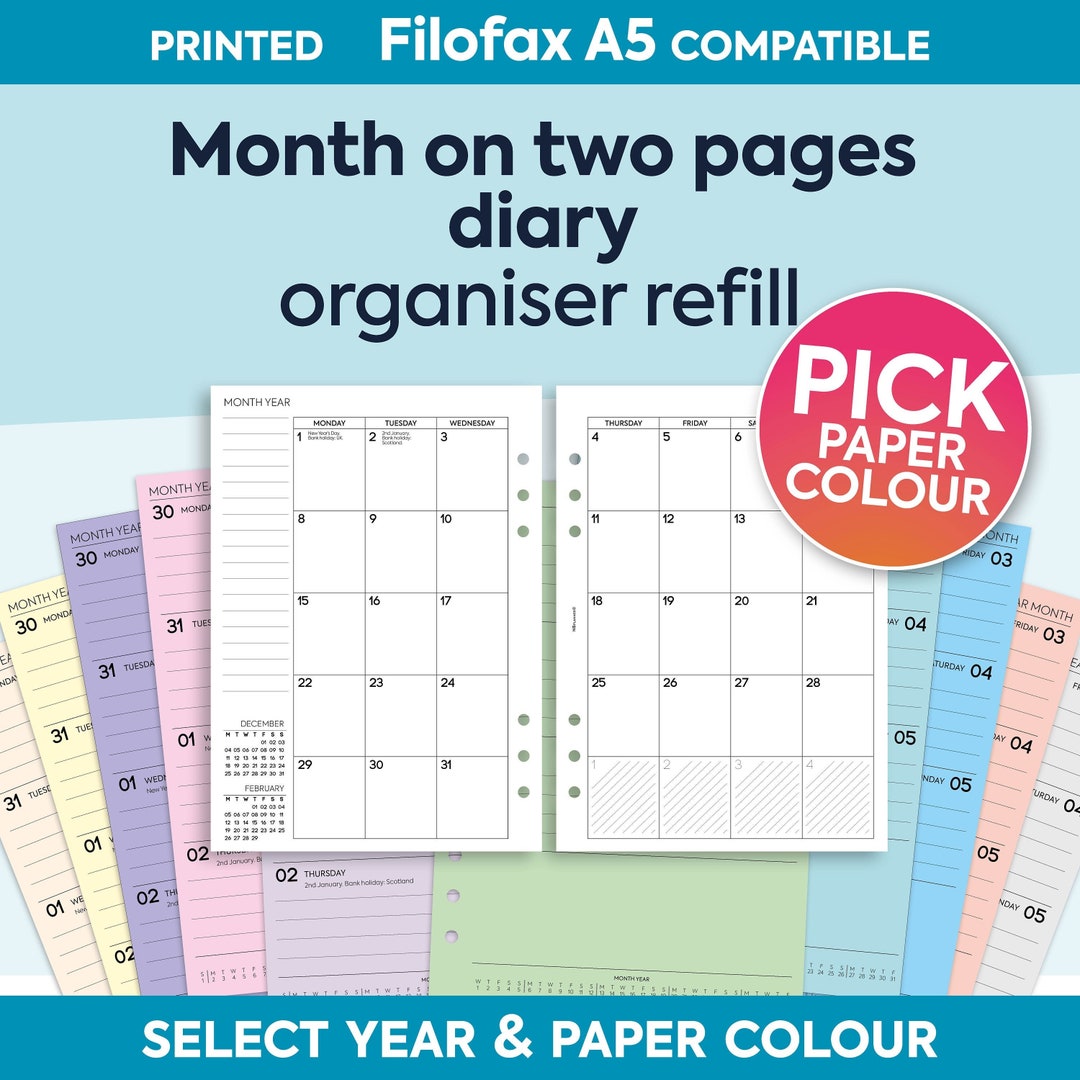 PRINTED A5 2025 2025 2026 Month on Two Pages Diary Organiser Insert Refill Filofax A5 Kikki.k 
