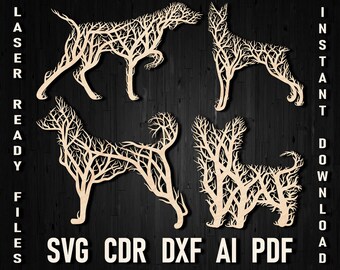 Svg Dogs Tree Wall Art Style Files for Glowforge, Dog Laser Cut Plasma File, Dogs wall decor template for Silhouette Brother, Dog Panel Pdf