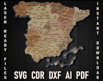 Spain map vector laser cutting file, Spain map puzzle, Glowforge Madrid Barcelona svg, Mapa de españa pdf, Spain fan decor gift idea ai dxf