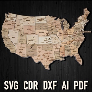 Rompecabezas de mapa de corte y grabado láser de EE. UU. Svg, Mapa de madera de archivos de corte de forja luminosa en pdf de Estados Unidos de América, Plantillas cdr ai de estados de EE. UU.