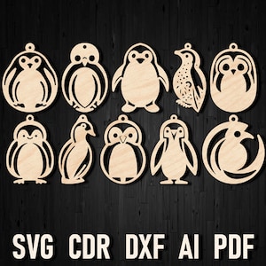 Pendiente cortado con láser de Navidad Penguin, archivo de adorno de paquete Glowforge, archivo de pendientes cricut Xtool de silueta de pingüino de invierno, archivo de corte Dxf