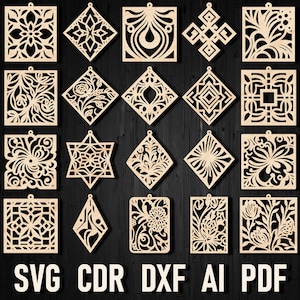 May include: Set of 20 laser cut SVG, CDR, DXF, AI, and PDF files for creating decorative wooden ornaments. The designs feature intricate geometric patterns and floral motifs.