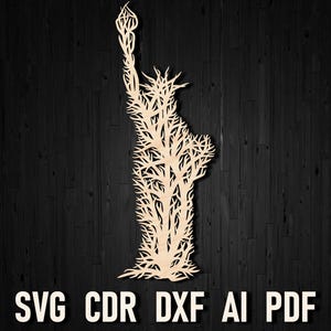 Estátua da Liberdade em estilo de árvore Svg Laser Cut Wall Art Ornament, Símbolo de Nova York Dxf, 4 de julho Svg T-shirt Design Patriotic Template