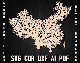 Tree Life Style China wall art map laser cut and glowforge file, Pdf China Silhouette Map dxf file pattern, China cnc plan, China Cut File