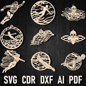 Natación Navidad corte láser Cricut ornamento svg paquete, diseño de natación svg, adorno del equipo de natación, waterpolo svg, nadador Glowforge svg