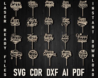 File in formato SVG topper torta di buon compleanno per cricut e silhouette con taglio laser, file in formato SVG di compleanno, download istantaneo del pacchetto SVG di clipart di compleanno