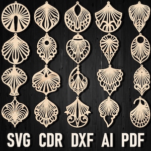 Fan svg corte láser y diseño de pendientes Glowforge, paquete de pendientes descarga digital, plantillas de colgantes de estilo 20 de madera Silhouette Digital Cut