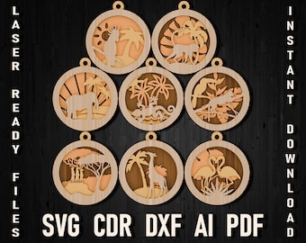 Jungle Christmas multi-layer svg laser cut and glowforge files, Safari Animals DXF laser cut files, Cricut/Glowforge Files Monkey Giraffe