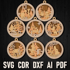 Glowforge 用クリスマス オーナメント SVG バンドル、メリー クリスマス ボール 3D、マルチ レイヤー SVG、3D オーナメント DXF CDR、CNC 用レイヤー カット ファイル レーザー