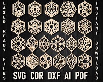 Hexagon Geometric Earrings Svg File for Laser Cutting, Hexagon Earring SVG, Earrings SVG Glowforge, Cricut Earring Files Svg Bundle Dxf Pdf