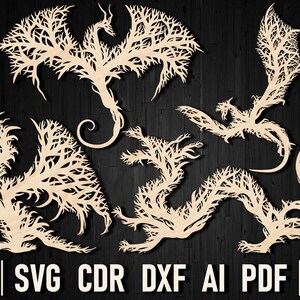 Op de afbeelding: Set van vijf lasergesneden drakenontwerpen, elk met een gedetailleerd, ingewikkeld, boomvormig patroon. De ontwerpen zijn in een lichte houtkleur en perfect voor knutselprojecten.
