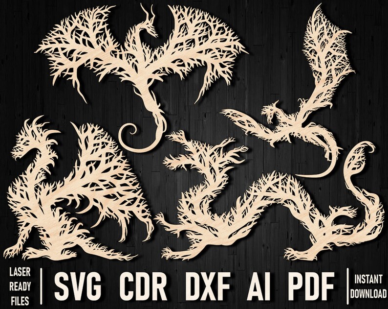 Op de afbeelding: Set van vijf lasergesneden drakenontwerpen, elk met een gedetailleerd, ingewikkeld, boomvormig patroon. De ontwerpen zijn in een lichte houtkleur en perfect voor knutselprojecten.