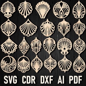 May include: Set of 20 laser cut earring designs in SVG, CDR, DXF, AI, and PDF formats. The designs feature intricate geometric patterns and shapes, perfect for crafting unique jewelry.