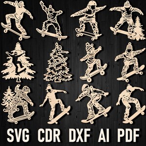 Skateboard Laser Cut Christmas SVG Ornament Bundle – Christmas Skater wooden Template Files for Glowforge, Cricut & Xtool Digital Dxf Pdf