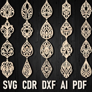 ファッショナブルなレザーイヤリング SVG セット、幾何学的な Glowforge デザイン、Cricut とスタイリッシュなレーザーカット ファイル、CNC DXF 用イヤリング SVG アクセサリ