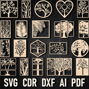 May include: Set of 18 laser cut SVG files featuring various tree designs. The designs include a variety of trees, branches, and leaves. The files are perfect for creating wall decor, stencils, or other crafts.