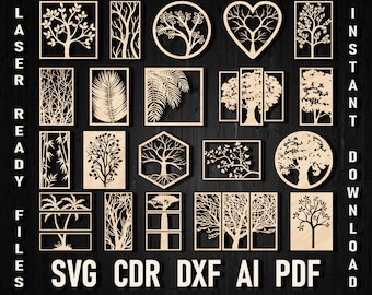 Svg Laser Cut Tree Panel Wall Art Decor, Dxf Floral Decorative Room Divider file and glowforge, Silhouette Room Divider Leaf Panel Laser Cut