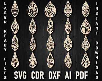 20 élégantes boucles d'oreilles en bois Boho, collection de designs, boucles d'oreilles découpées au laser pour bundle svg graphique Glowforge, fichiers découpés pour boucles d'oreilles