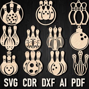 Bowling Svg kerst laser gesneden ornament, bowling pin cadeau scène DXF-bestanden voor Glowforge Bowler minnaar decor voor cricut houten plan sjabloon