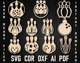 Enfeite de Natal com corte a laser Svg de boliche, cena de presente de pino de boliche, arquivos DXF para Glowforge Decoração de amante de jogador de boliche para modelo de plano de madeira Cricut