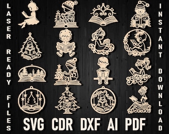 May include: A set of 16 laser-cut SVG files featuring illustrations of children reading books. The designs are perfect for creating unique Christmas ornaments, home decor, or personalised gifts.