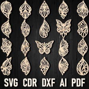 20 diseños svg mariposa corte láser pendientes collar archivo para Glowforge, mariposa ala madera y cuero corte láser archivo descarga digital