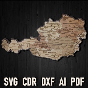 SVG Österreich Laserschneiden und Gravieren Landkarte Puzzle, Österreich Pdf Glowforge Cut Files Holzkarte, Österreich digitale Cdr Ai Vorlagen Wien svg