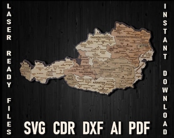 Svg Austria Laser Cutting and Engraiving Map Puzzle, Austria Pdf Glowforge Cut Files Wooden Map, Austria digital Cdr Ai Templates Wien Svg