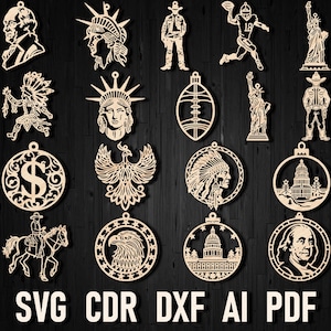 Pacote de enfeites de Natal cortados a laser Svg EUA, brinquedo de cowboy a laser, águia americana, futebol americano dos EUA, estátua da liberdade, brinquedo de Natal Glowforge Capitol