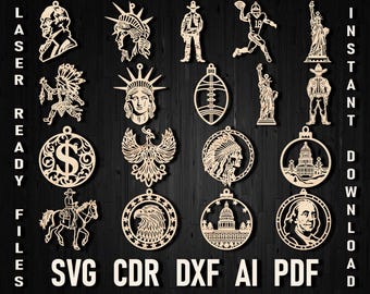 Svg USA Christmas laserowo wycinane ozdoby pakiet, kowbojska zabawka laserowa, amerykański orzeł US Football Glowforge Capitol Statua Wolności zabawka świąteczna