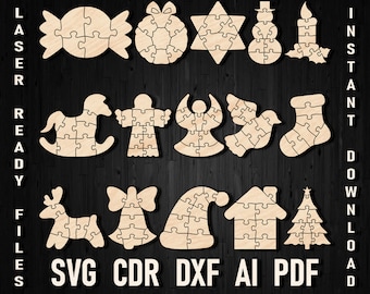 Christmas svg puzzle files for Laser cut mashine, Christmas puzzle for children, Glowforge Learning Toys cut files, cricut silhouette file