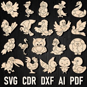 Puede incluir: Colección de rompecabezas de madera con diseños de aves, listos para láser, incluyendo un loro, un búho y un pato. La imagen incluye el texto "LASER READY FILES" y "INSTANT DOWNLOAD" en los laterales, y "SVG CDR DXF AI PDF" en la parte inferior.