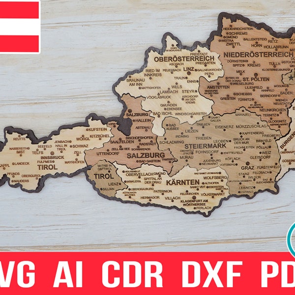 Svg Austria Laser Cutting and Engraiving Map Puzzle, Österreich Pdf Glowforge Cut Dateien Holz Karte, Österreich digitale Cdr Ai Templates Wien Svg