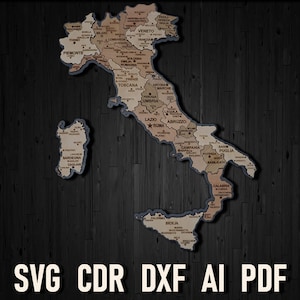 Italië lasersnijden en graveren svg-bestand voor kaartpuzzel, Mappa Italia Shape For Crafts pdf glowforge gesneden bestanden houten kaart cdr-sjablonen