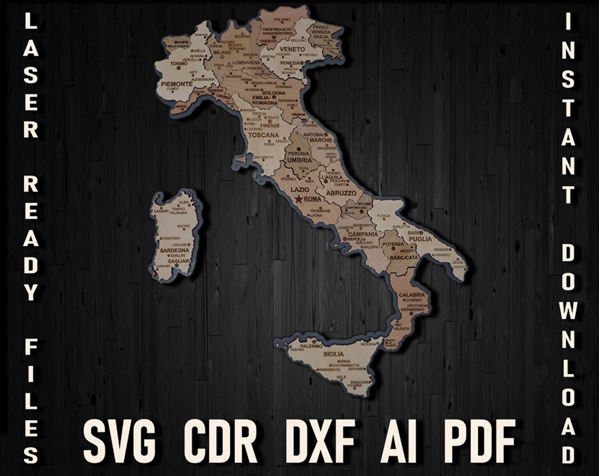 Italy laser cutting and engraiving svg file for map puzzle, Mappa Italia Shape For Crafts pdf glowforge cut files wooden map cdr templates