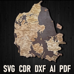 Mapa Danii wycinana laserowo plik svg do pobrania cyfrowego, plik cdr pdf grawerowania laserowego Danmark glowforge, mapa drewniana 3D puzzle mapa miasta