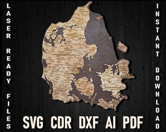 Denmark map laser cut svg file digital download, Danmark cdr pdf glowforge laser engraving file, Wooden map 3D puzzle City Map