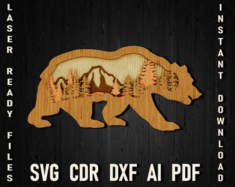 Bär svg Laser geschnitten Datei, Bär und Berg svg geschichtet, 3d Bär svg für glowforge, Laser Cut Files, Multilayer Bär Mandala Sperrholz schneiden
