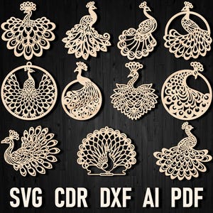 Pfau Laser geschnitten Weihnachten Ornament Holzschnitt Vorlage Bundle Pfau Datei Wanddekor, Pfau Vektor geschnitten Datei für Cricut Silhouette